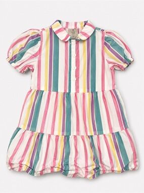 Striped Puff-Sleeve Tiered Dress - Multicolor